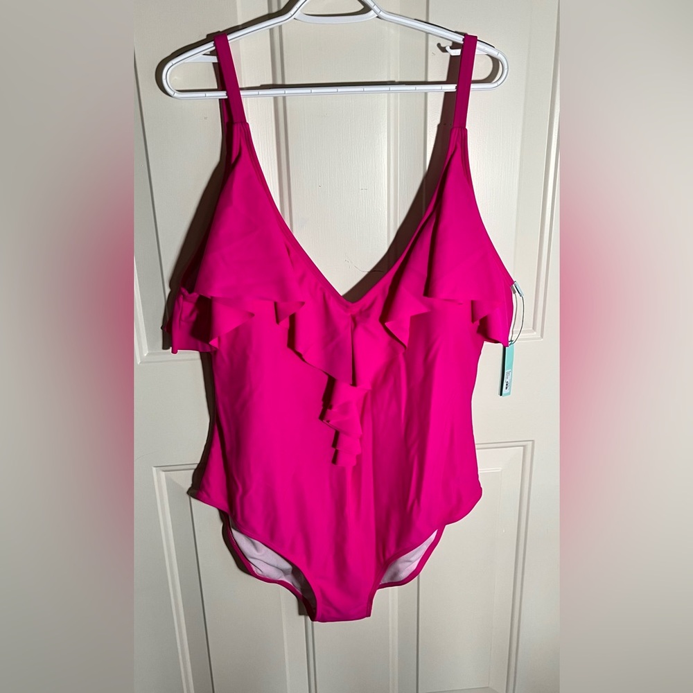 NWT size 3X Pink One Piece Tank Swimsuit Ruffled Accents N